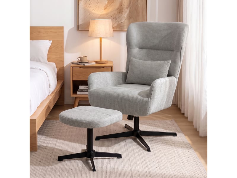 Fauteuil lounge pivotant à 360° avec repose-pieds, réglable en hauteur, revêtement en chenille, avec coussin lombaire, blanc crème - Conforama C