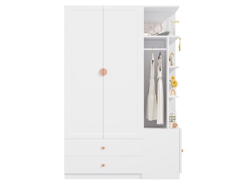  Armoire multifonction à portes battantes, 200 x 135 x 45 cm, 2 tringles, 2 tiroirs, 4 poignées en bois massif, pour chambre, blanc  - Conforama A
