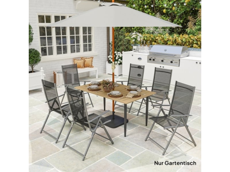  Table de jardin 150x90 cm en acier, résistante aux intempéries, trou pour parasol, marron, balcon  - Conforama B