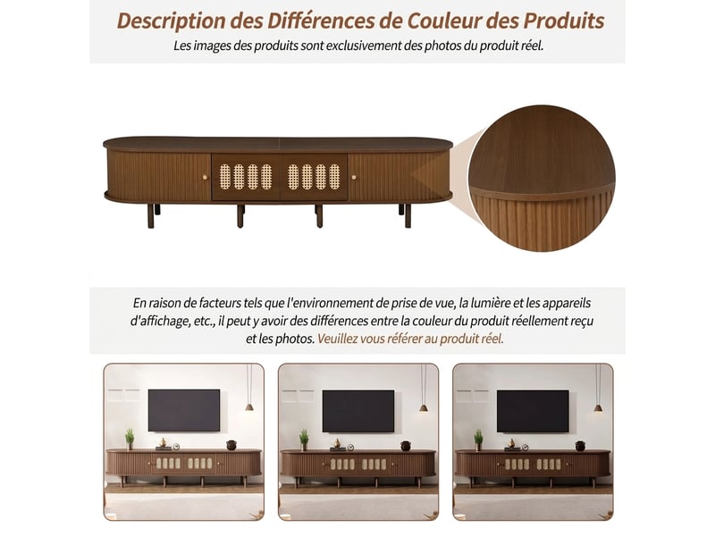  Meuble tv 180 cm ovale en noyer avec façades en rotin, 2 tiroirs et portes coulissantes, pour téléviseur jusqu'à 80 pouces  - Conforama D