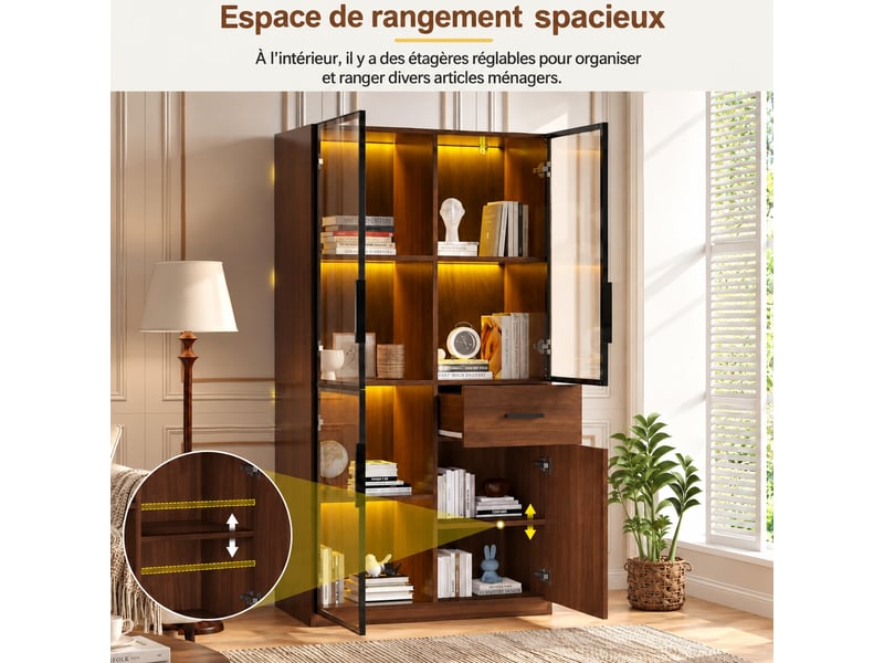 Vitrine avec éclairage led pour salon, 4 portes vitrées, 1 tiroir, mdf, aspect bois naturel, 80 x 35 x 160 cm - Conforama E
