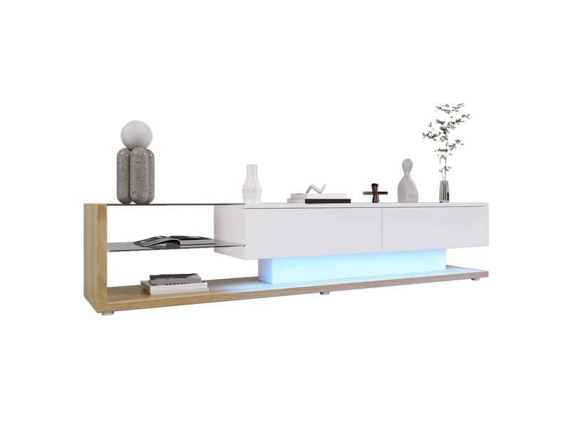  Meuble tv blanc brillant et bois, 170 cm, éclairage led  - Conforama A