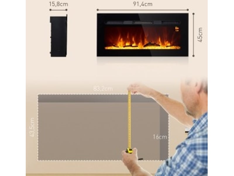  Cheminée électrique murale 91,4 x 15,8 x 45 cm noire en verre, 1800 w avec télécommande et minuterie  - Conforama C