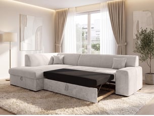Canapé d'angle gauche convertible <strong>AX LIVING </strong> <strong>Lucera</strong> 5 places Velours côtelé blanc avec coffre de rangement