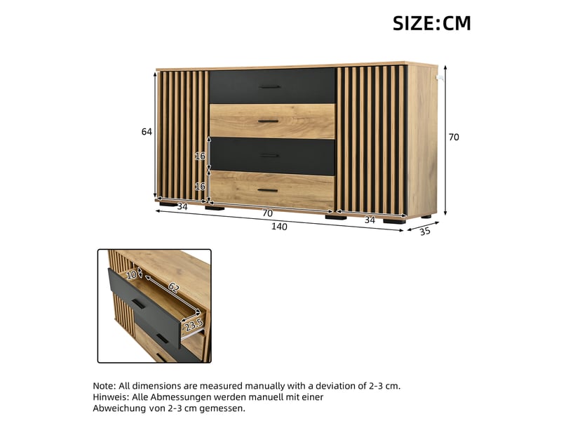 Buffet noir 140 × 35 × 70 cm, en mdf, avec 2 portes, 4 tiroirs, étagères réglables et façades texturées - Conforama B