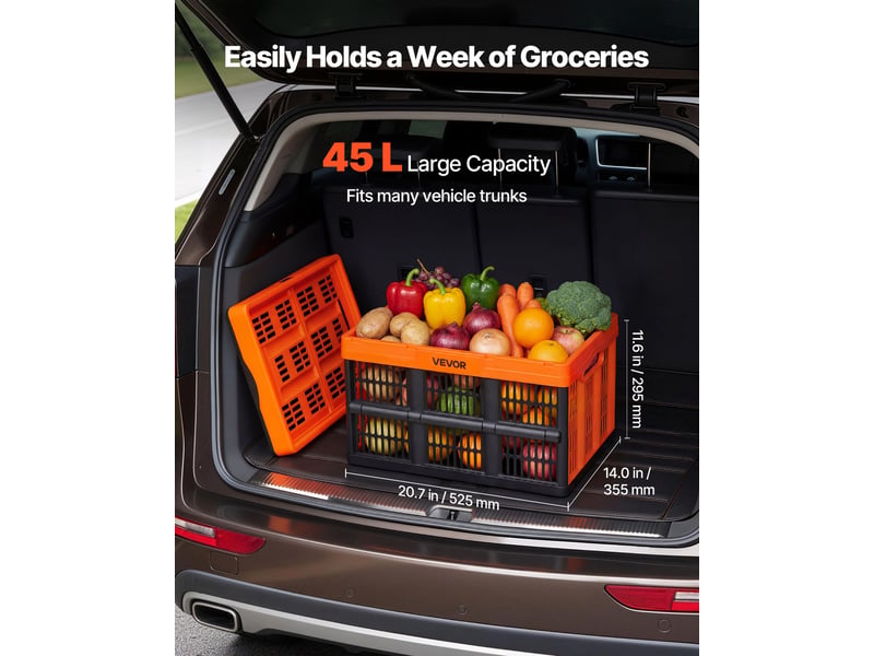  Vevor caisse plastique pliable 45 l lot de 6, cagette pliable avec poignees, charge max. 15 kg par caisse, bac de rangement empilable pour maison, voiture, camping et courses, en pp, orange et noir  - Conforama B