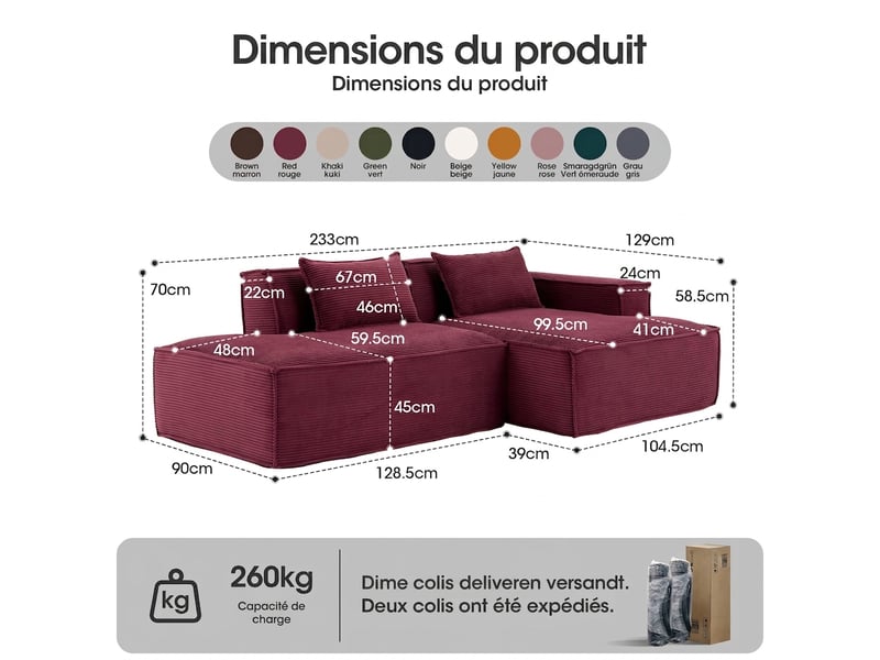  Canapé 2 places compact tissu rouge 235 cm - assise ressorts et éponge haute densité  - Conforama C