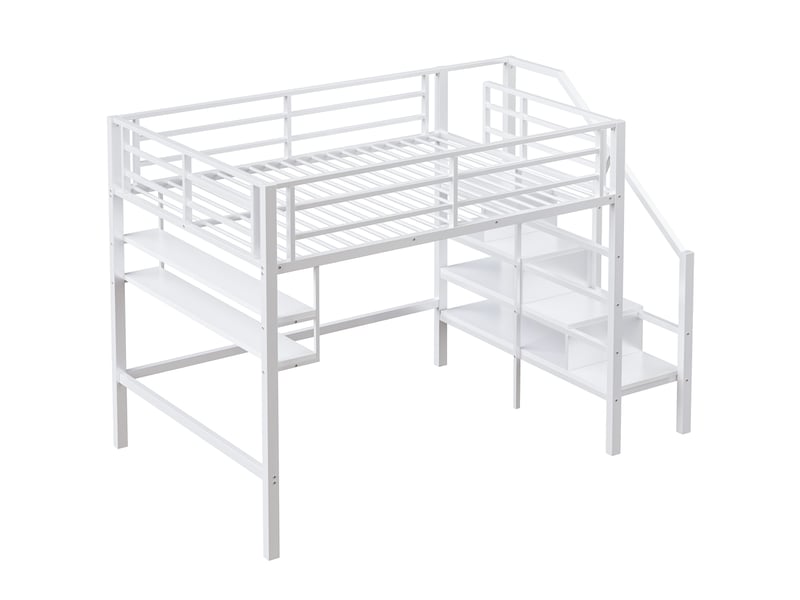  Lit mezzanine blanc 140x200 cm avec étagères, échelle rangement et garde-corps  - Conforama D