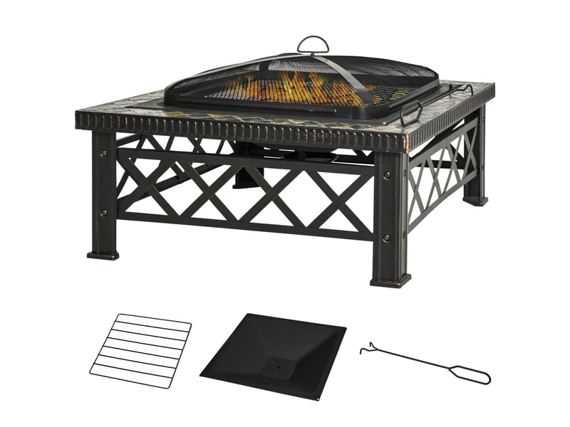  Brasero 3-en-1 (foyer/barbecue/seau à glace) avec pare-étincelles et grille de cuisson – Noir – 76 x 76 x 47 cm  - Conforama A
