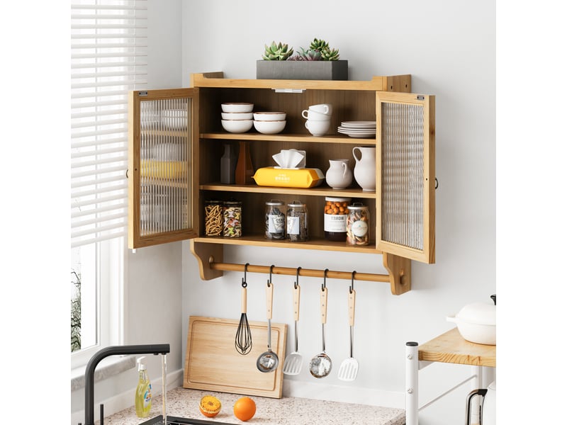 Armoire murale de cuisine avec portes vitrées, étagère et porte-serviettes, mdf, naturel  - Conforama W