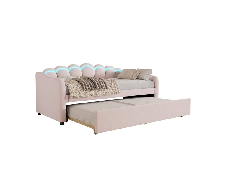 Lit gigogne 90x200cm avec lit extensible, éclairage led multicolore, design ondulé, velours, rose, sans matelas - Conforama A