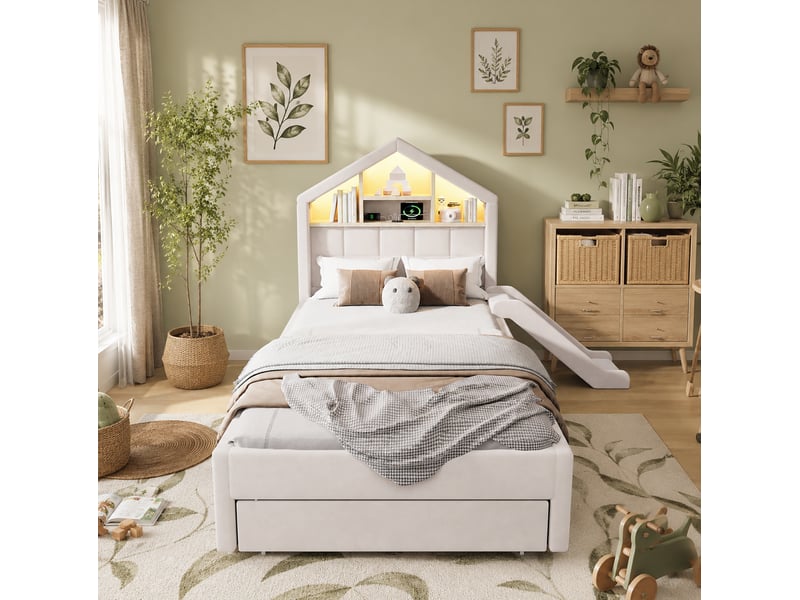 Lit cabane enfant 90x200 cm en velours beige avec toboggan et rangement - Conforama E