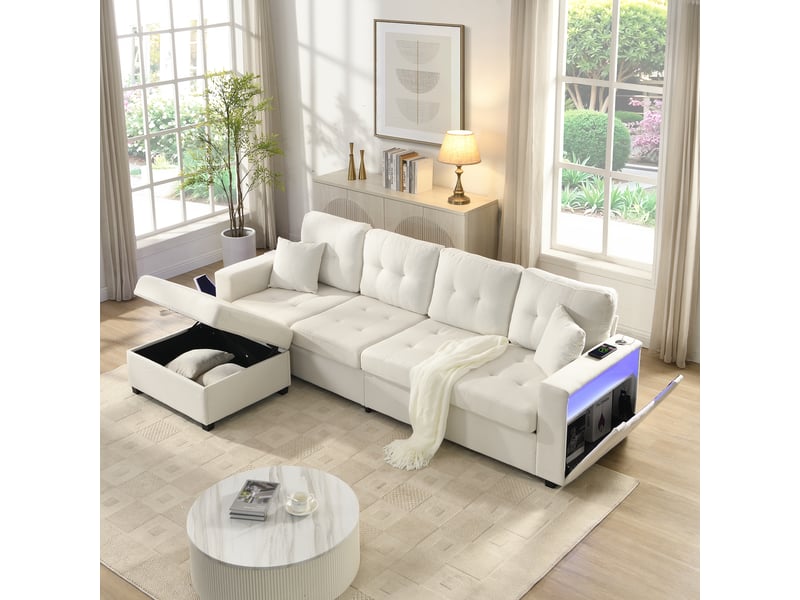 Canapé d'angle modulaire en lin, pouf rangement libre, 2 rangements aux accoudoirs, usb & type-c, led, 253 cm - Conforama D