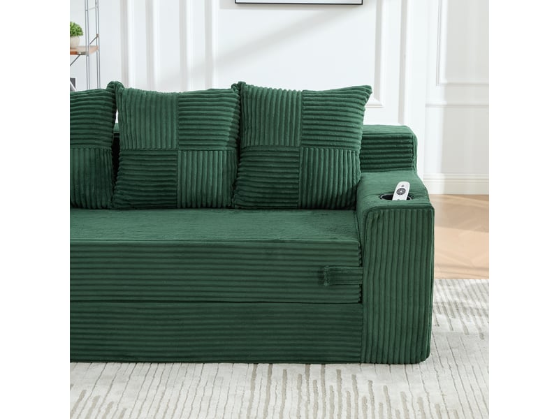 Canapé modulable 2 places velours côtelé vert émeraude design contemporain avec rangement latéral et porte-gobelets intégrés - Conforama E