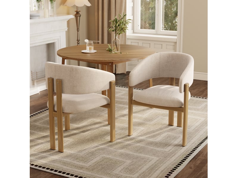  Lot de 4 chaises de salle à manger avec accoudoirs et dossier rembourré en lin beige et métal aspect bois  - Conforama E