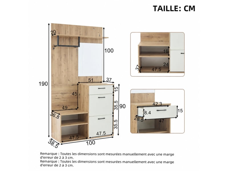  Meuble d’entrée avec miroir et banc, portes abattantes, tiroir, 100 x 38,5 x 190 cm, blanc et bois naturel  - Conforama E