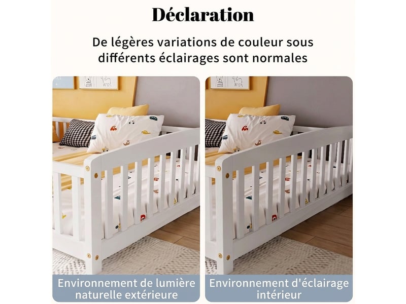  Lit au sol enfant 140x200 cm avec barrière de sécurité - lit montessori blanc en bois de pin  - Conforama D