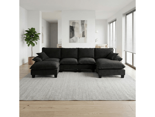 Canapé panoramique modulable 6 places, poufs mobiles, 2 coussins, revêtement chenille, 332 × 151 × 90 cm, noir