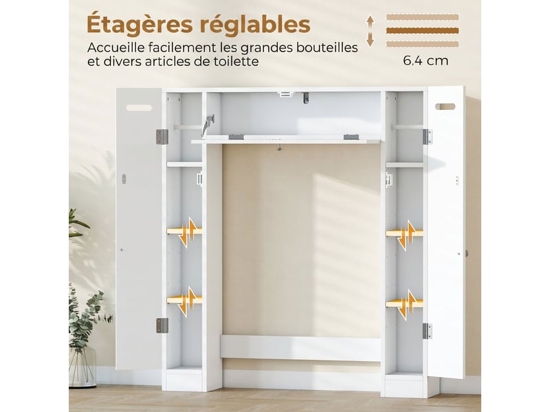  Meuble wc dessus de toilette avec 2 placards, tiroir basculant, blanc, porte-papier et étagères réglables  - Conforama E