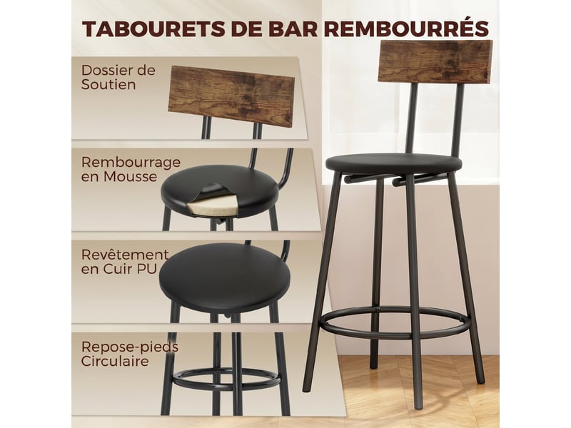  Ensemble table de bar avec 2 tabourets, table haute de cuisine et 2 chaises de bar rembourrées pu, repose-pieds, marron  - Conforama E