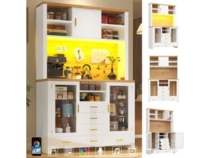 Buffet de rangement - 120x40x188 cm - blanc avec aspect bois - 4 portes - 6 tiroirs - étagères en verre