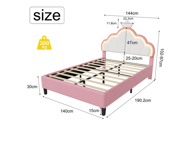 Lit enfant 140x190cm - lit double 140x190 avec tête de lit couronne lumineuse led - rembourré en velours - rose et blanc  - Conforama E