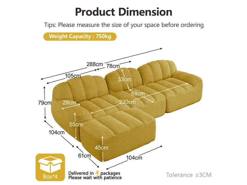  Canapé d'angle modulaire 3 places avec ottoman, assise profonde et soutien ergonomique en fleece, jaune  - Conforama E