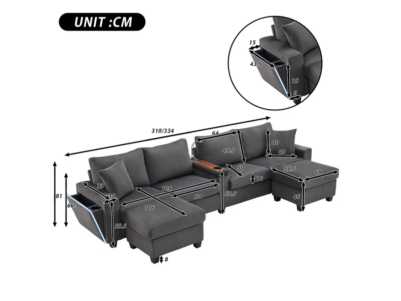  Canapé modulable canapé d'angle 4 places en velours côtelé avec 2 poufs de rangement lampe de lecture ports usb - gris  - Conforama W