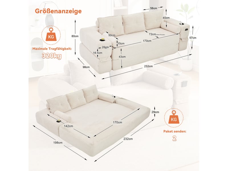 Canapé convertible 3 places modulaire avec poches latérales, porte-gobelet et coussins à mémoire en velours côtelé beige - Conforama C
