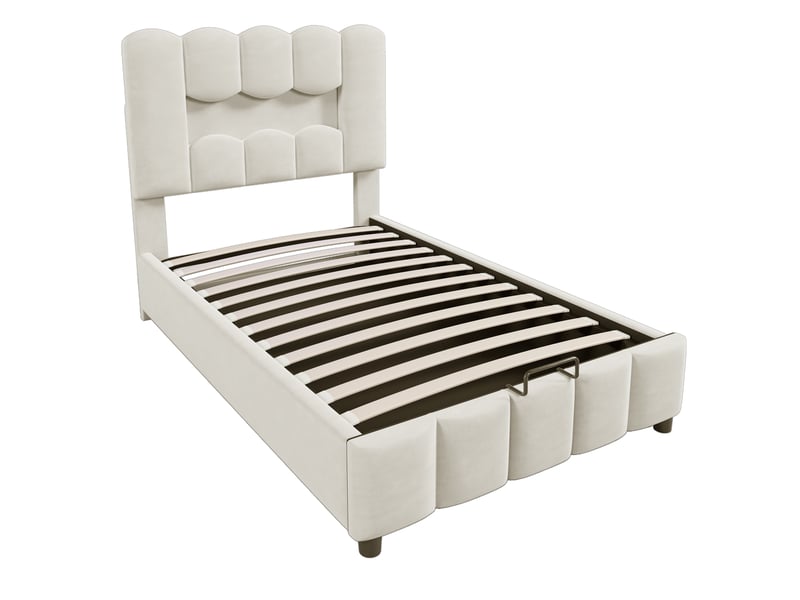  Lit d'enfant 90 x 200 cm, avec éclairage led, tête de lit, rangement à vérins hydrauliques, en velours, beige  - Conforama R