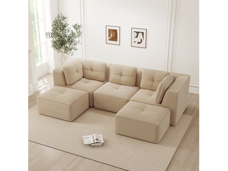 Canapé d'angle u modulable 3 places en velours côtelé beige, assise profonde et confort enveloppant au salon - Conforama E