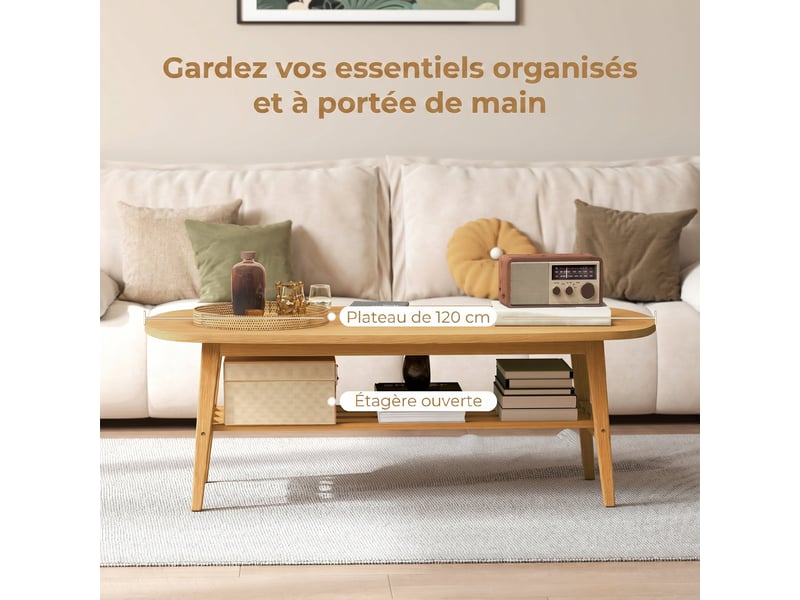  Table basse à 2 niveaux, bois naturel, table de salon moderne avec étagère inférieure ouverte et pieds en bois d'hévéa  - Conforama D