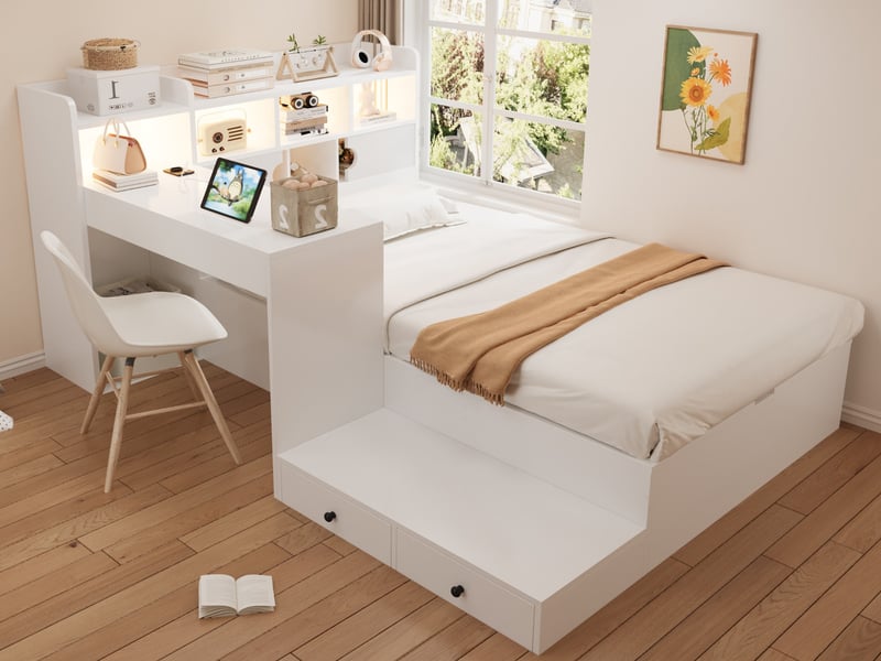  Lit enfant en bois, 90 x 200 cm, espace de rangement hydraulique, tête de lit avec rangement, bureau, éclairage led, blanc LDF00750AAK - Conforama B