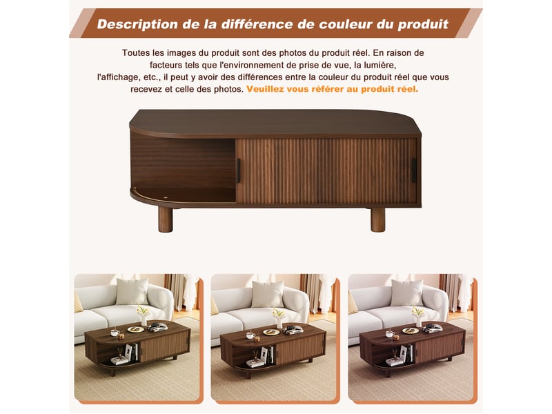 Table basse 100x50x35 cm noyer, 2 portes à enroulement, pieds bois, mdf - Conforama E