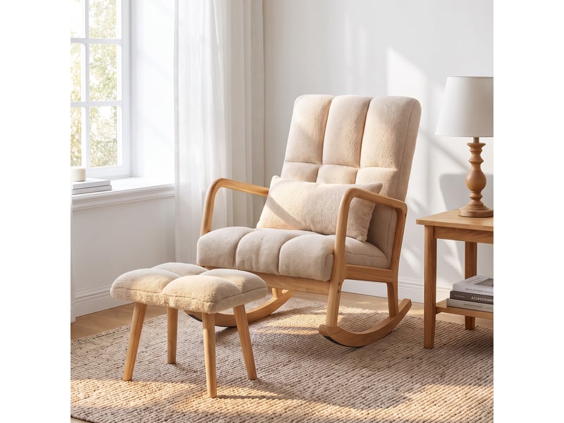  Fauteuil à bascule avec repose-pieds, rocking chair en tissu bouclette, pieds en bois, 64,5 x 82 x 89 cm, beige  - Conforama A