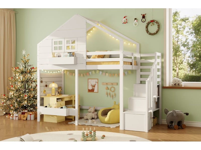 Lit superposé enfant 90x200, garde-corps haut lit superposé, structure bois massif, escalier rangement intégré, design cabane fenêtre - Conforama A