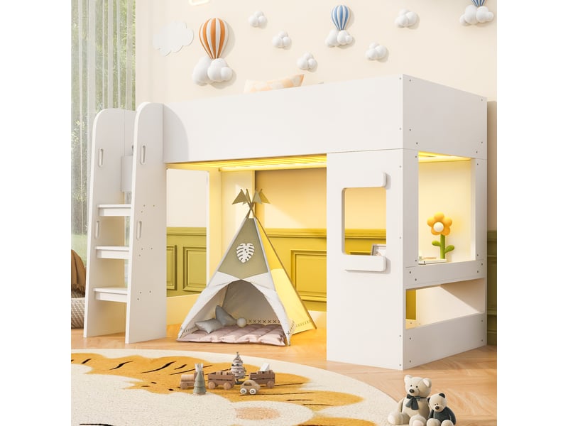 Lit mezzanine en bois 90×200 cm - avec éclairage led - avec petit bureau - avec barrières de sécurité - blanc (matelas non inclus) - Conforama R