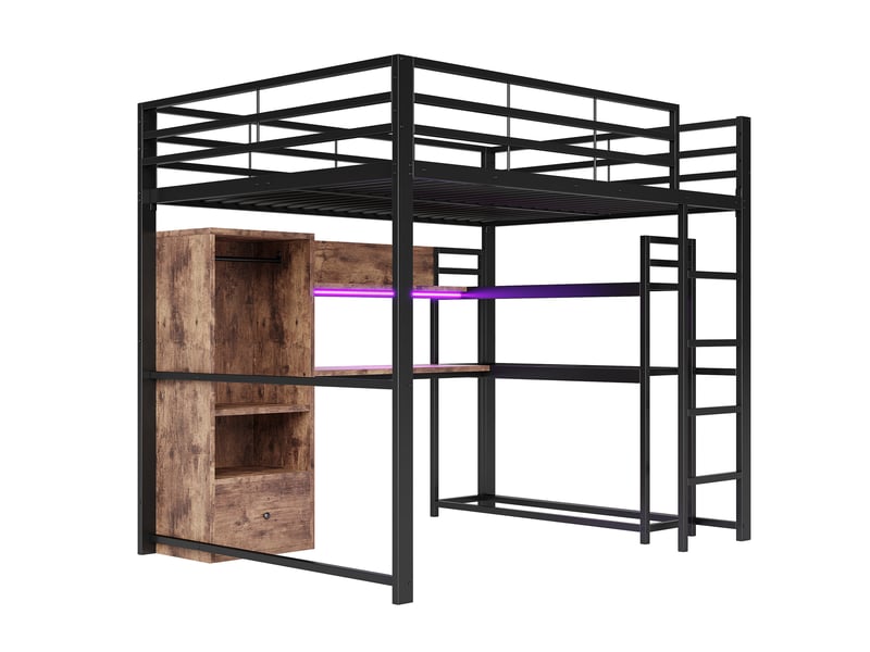 Lit mezzanine avec led, bureau, tiroir et étagères, métal noir, 140x200 cm, sans matelas - Conforama D