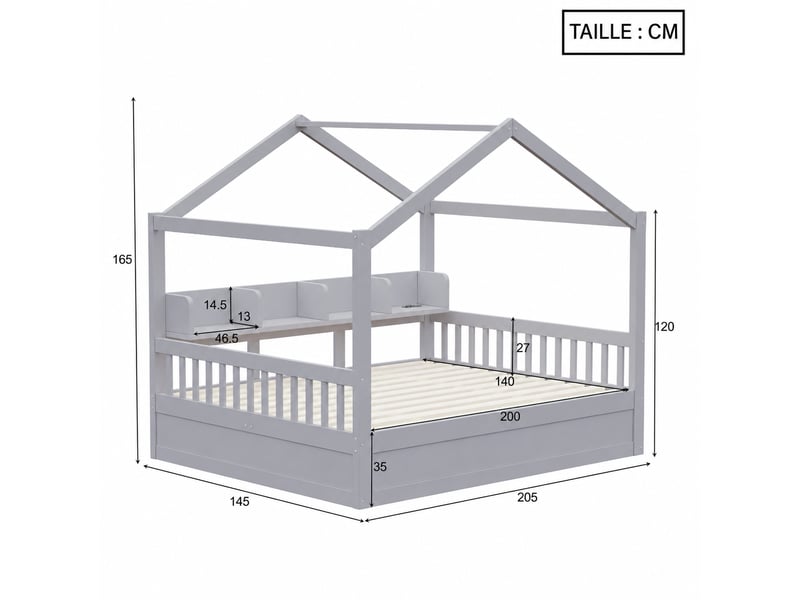 Lit cabane avec coffre hydraulique 140 x 200 cm gris - étagères, éclairage led et prises - Conforama C