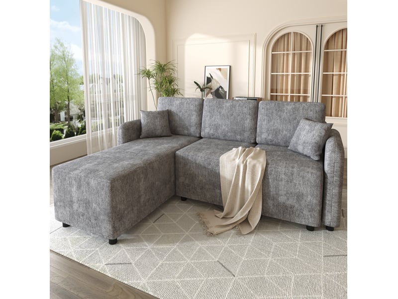  Canapé d'angle 3 places modenvie avec méridienne droite 144 cm, revêtement chenille gris, mousse haute densité et 2 coussins  - Conforama E