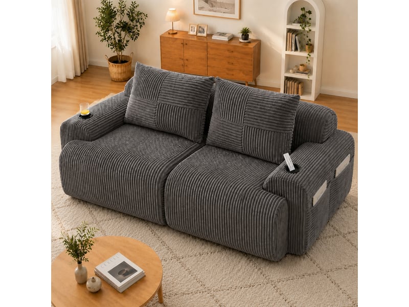 Canapé modulable, canapé de salon – en velours tricoté, porte-gobelets, gris foncé - Conforama A