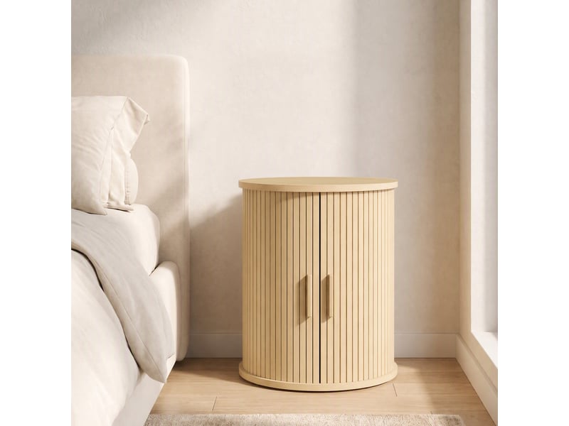  Table de chevet, table de nuit ronde cannelée avec porte coulissante, pour chambre à coucher, 40x40x50cm, salon, chêne  - Conforama D