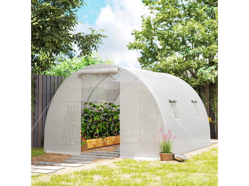  Serre de jardin tunnel 9 m² 4 fenêtres, porte zippée enroulable châssis acier galvanisé, bâche pe 3 x 3 x 2 m blanc  - Conforama C