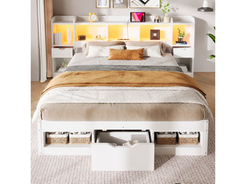 Lit plateforme blanc 140 x 200 avec rangement, led et 3 tiroirs - Conforama B