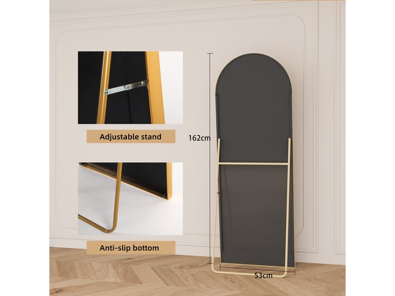  Miroir sur pied arqué 162 x 53cm,miroir mural avec support,cadre en alliage d’aluminium,verre trempé,grand miroir pour chambre,salon(doré)  - Conforama D