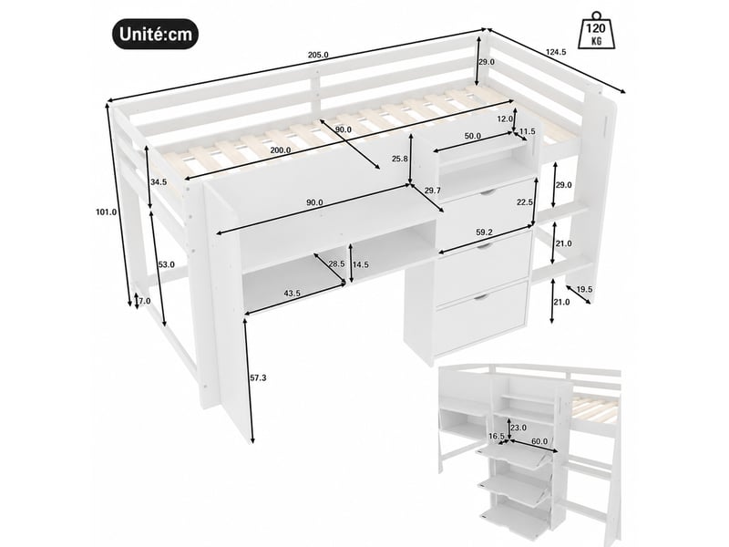  Lit mezzanine 90x200 cm en bois, lit simple avec étagères, 3 compartiments et échelle, sans matelas, blanc  - Conforama D