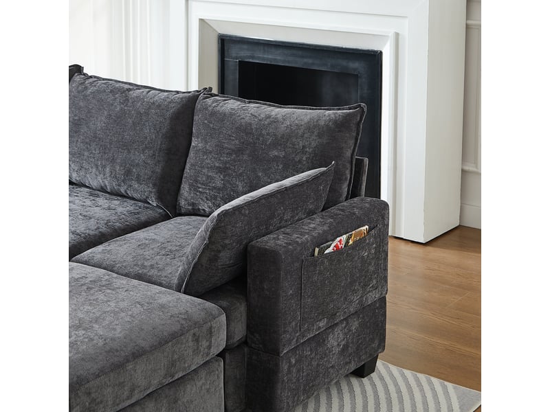 Canapé modulable 6 places en u avec rangement intégré, canapé d'angle convertible lit pour invités, revêtement chenille gris - Conforama R