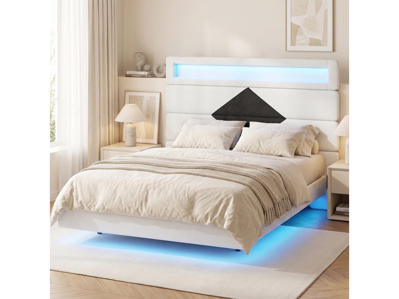  Lit 140x190 avec led ,lit double avec port usb-c, lit suspendu, cadre de lit 140x190 cm, velours, blanc et noir  - Conforama B