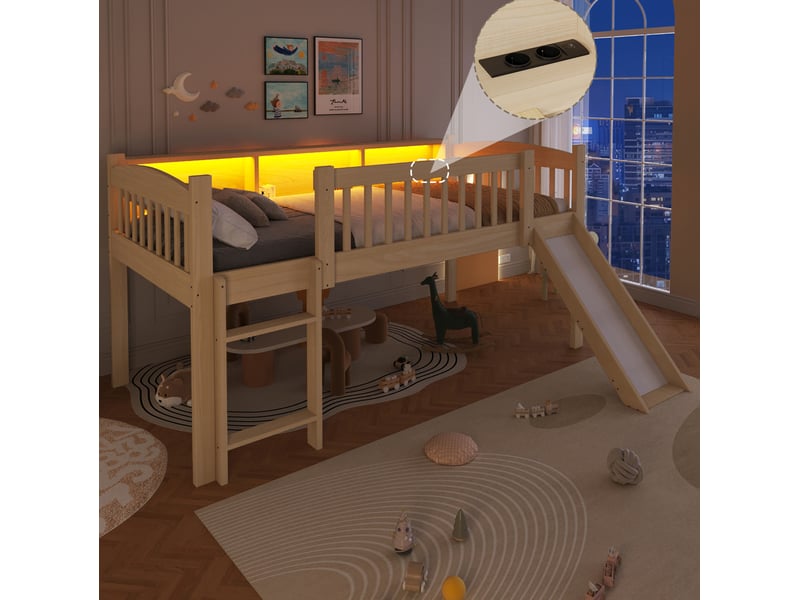  Lit surélevé enfant 90x200 cm avec toboggan, rangements et led coloris naturel  - Conforama D