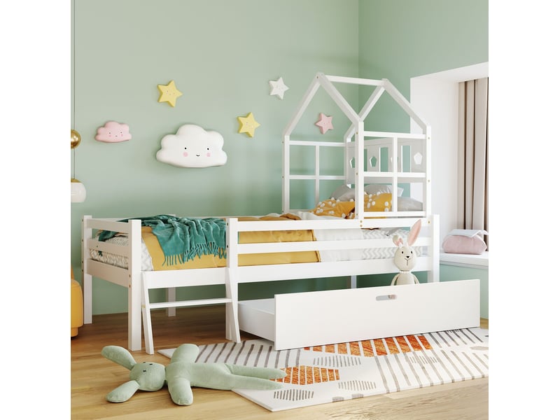  Lit mezzanine enfant 90x200 cm avec échelle, tiroir, sommier et garde-corps blanc  - Conforama B